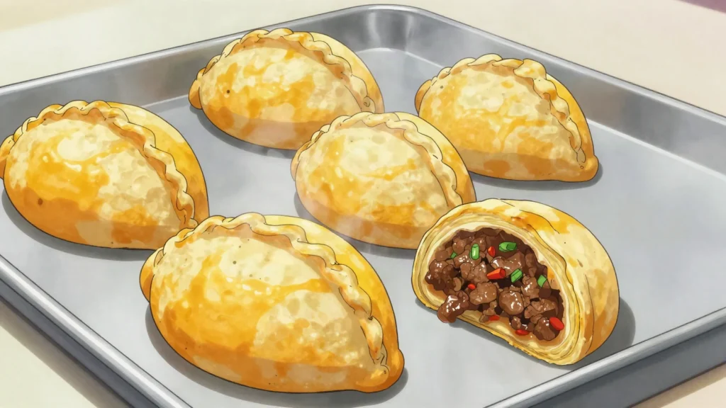 Patí, spiced beef pastry from Caribbean Limón province, Costa Rica street food, anime style