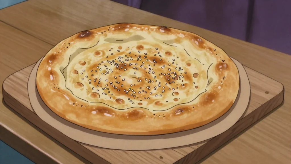 Patir, flaky layered tandoor bread enriched with fat, baked for guests, Uzbekistan bread & pastry, anime style