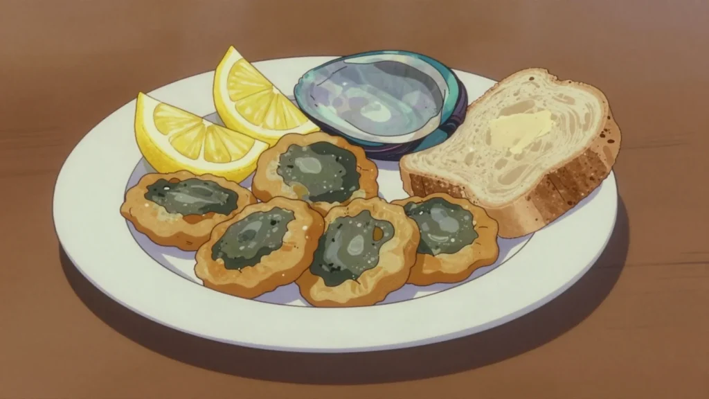 Paua, black-shelled abalone minced into fritters, chewy and deeply oceanic, New Zealand main, anime style