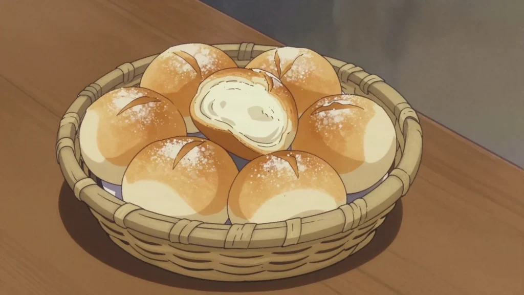 Paun, portuguese-style bread rolls sold warm each morning, Timor-Leste bread & pastry, anime style