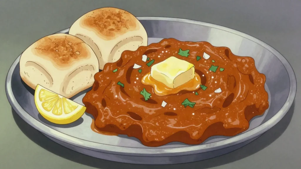 Pav Bhaji, buttery mashed vegetable curry with toasted buns, Mumbai beach food, India street food, anime style