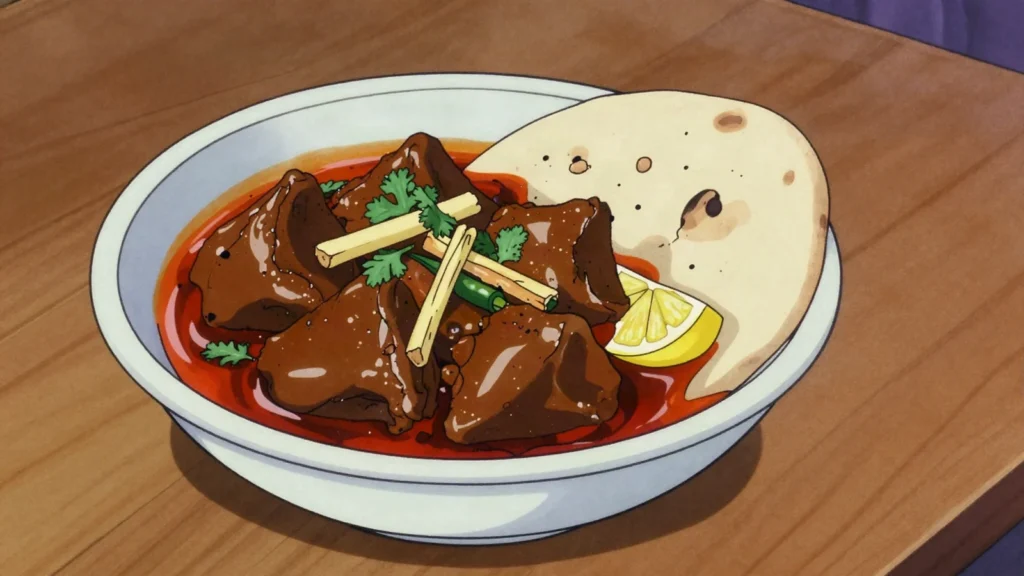 Paya, gelatinous trotter stew simmered overnight, a hearty breakfast with naan, Pakistan soup & stew, anime style