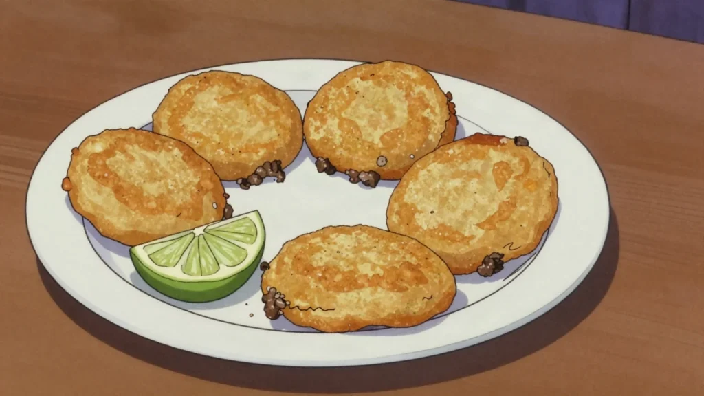 Payagua mascada, fried patty of cassava and minced beef, sold from market stalls, Paraguay street food, anime style