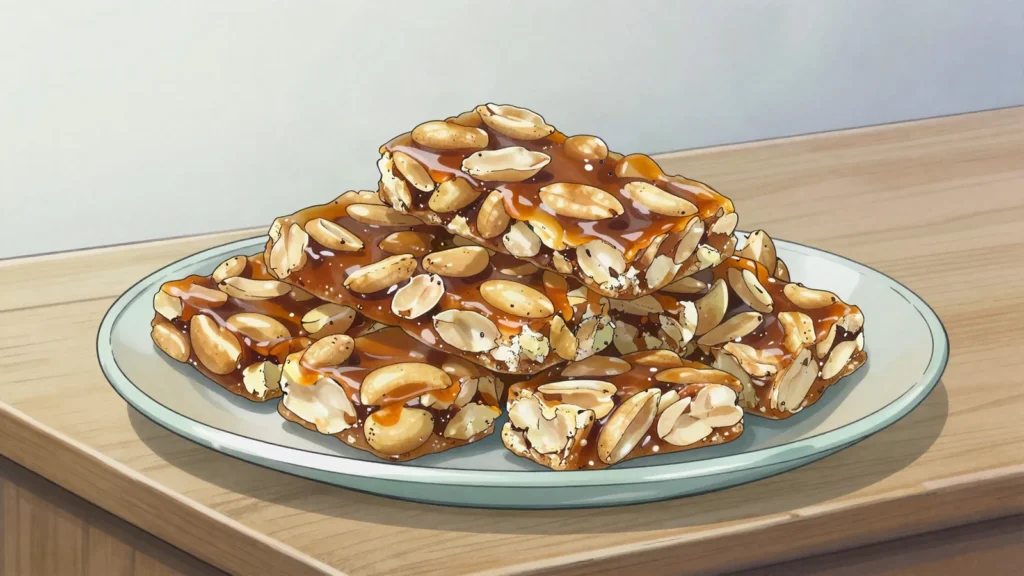 Pé de moleque, brittle of peanuts set in melted rapadura or sugar, Brazil dessert, anime style
