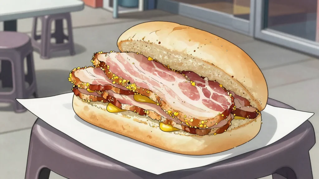 Peameal bacon sandwich, cornmeal-rolled back bacon on a bun; Toronto market icon, Canada street food, anime style