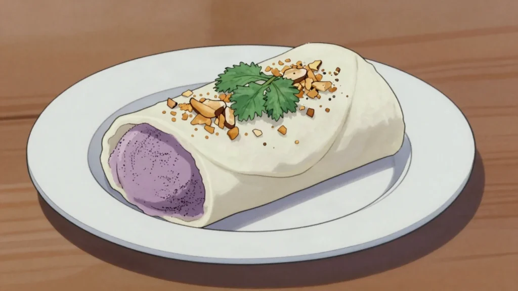 Peanut Ice Cream Roll, taro ice cream, planed peanut brittle and coriander wrapped in a, Taiwan street food, anime style
