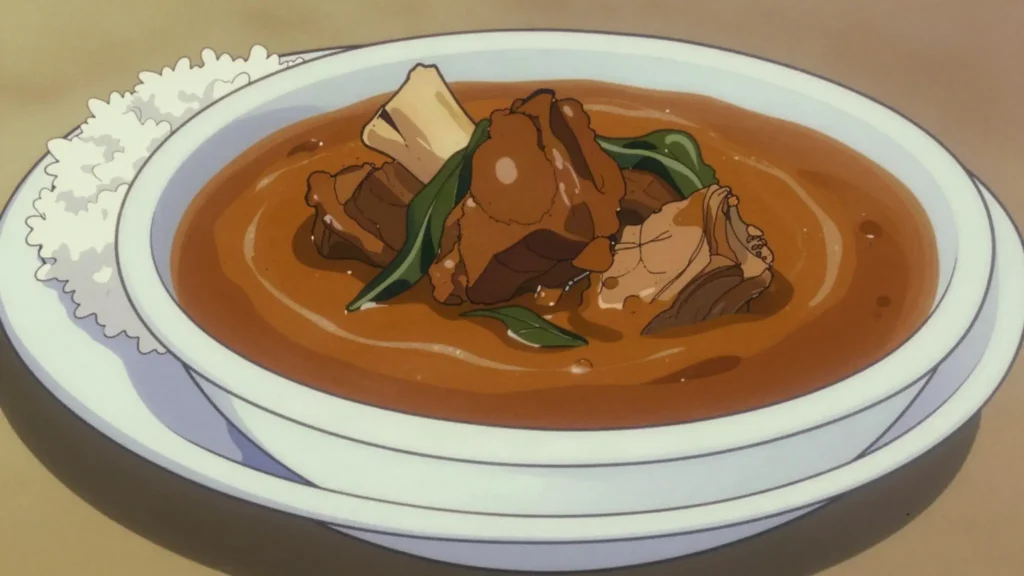 Peanut soup, groundnut paste simmered with meat, chilli and greens, eaten over rice, Liberia soup & stew, anime style