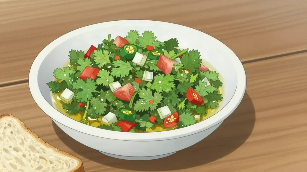 Pebre, cilantro, onion and ají salsa spooned on bread and grills, Chile sauce & condiment, anime style