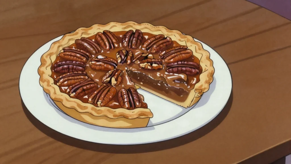 Pecan pie, sweet corn-syrup custard pie packed with toasted pecans, United States dessert, anime style