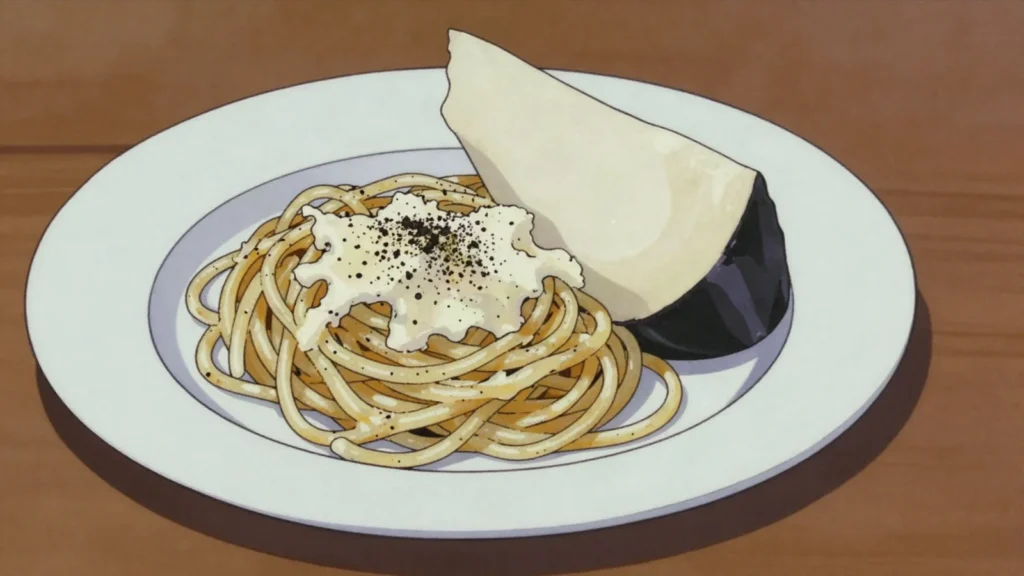 Pecorino Romano, hard, very salty sheep cheese grated over Roman pasta, Vatican City cheese & dairy, anime style