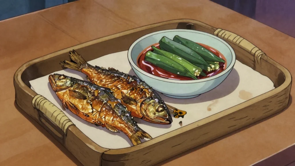 Peixe fumado, fish smoked over wood, the backbone of calulu and, São Tomé and Príncipe charcuterie & cured, anime style