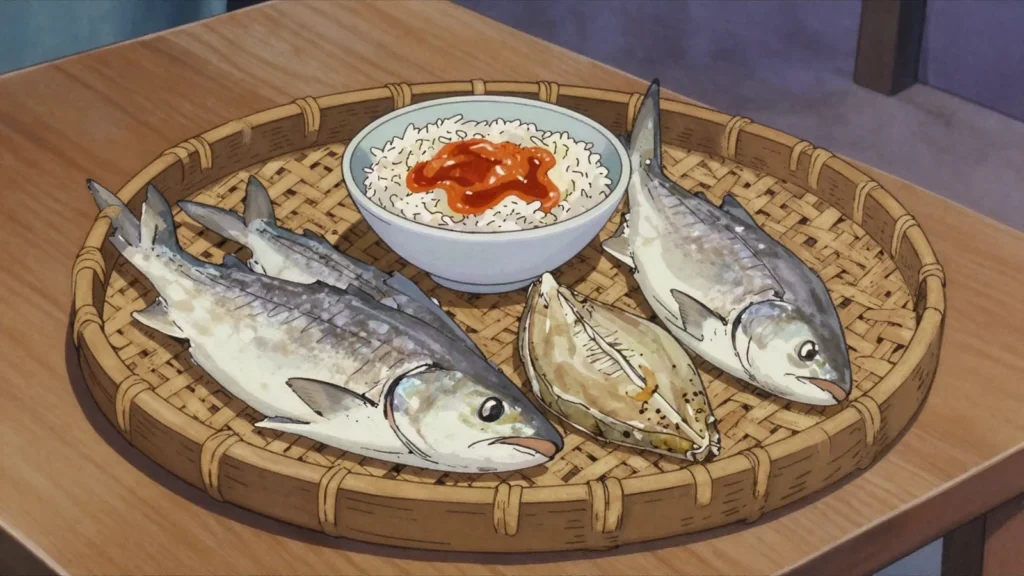 Peixe seco, fish and small shark sun-dried on racks, torn into stews, Guinea-Bissau charcuterie & cured, anime style