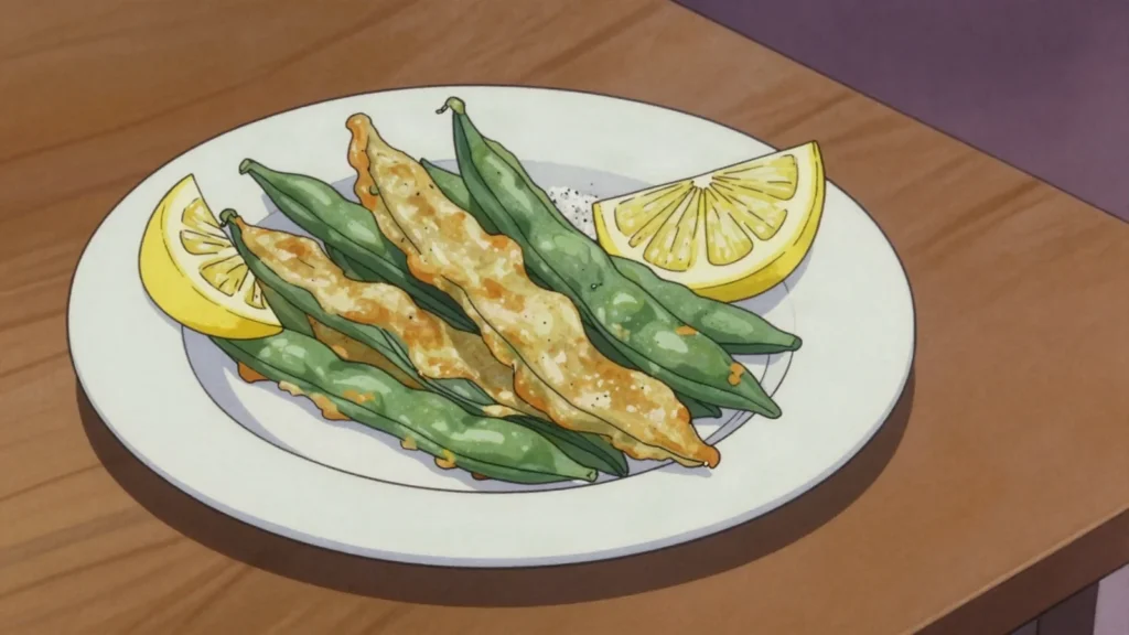Peixinhos da horta, green beans in light batter, deep fried; eaten as a meatless snack, Portugal snack, anime style