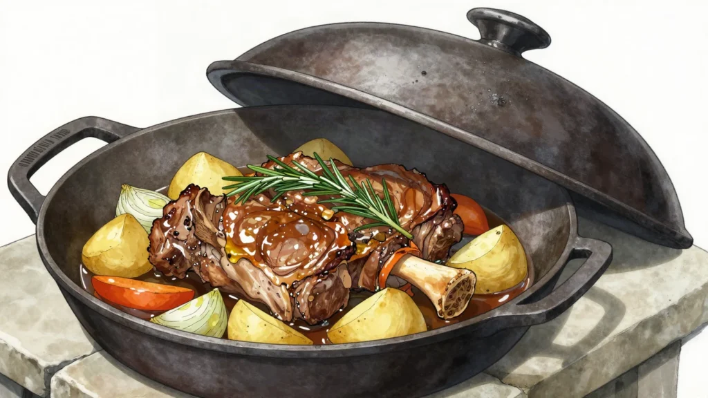 Peka, octopus, lamb or veal slow-baked under an ember-covered bell, Croatia main, anime style