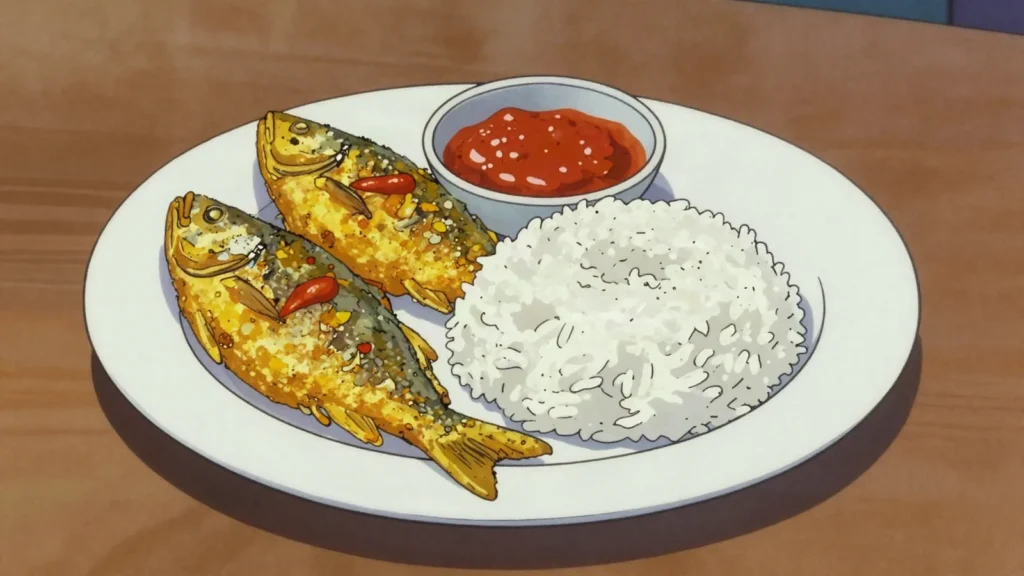 Pekasam, freshwater fish fermented with toasted rice and tamarind, then fried, Malaysia fermented & pickled, anime style