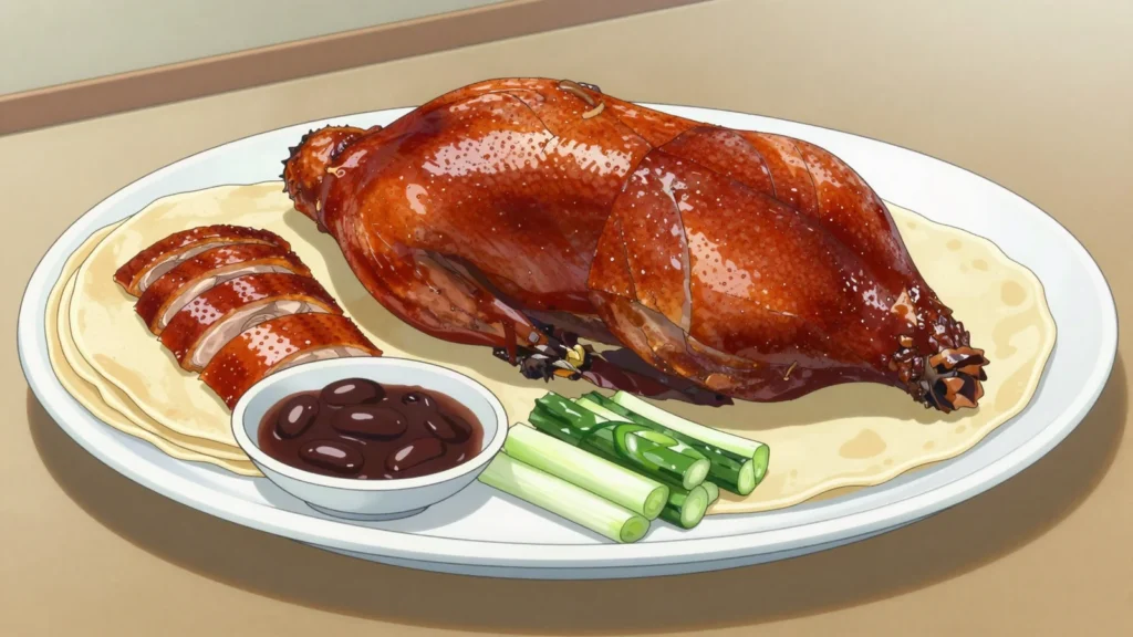 Peking Duck, lacquered roast duck carved tableside, wrapped in thin pancakes with scallion and, China main, anime style