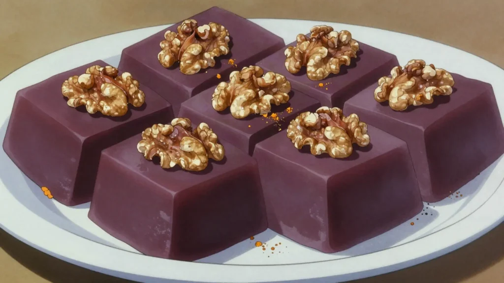 Pelamushi, thick grape-must pudding set in squares, Georgia dessert, anime style