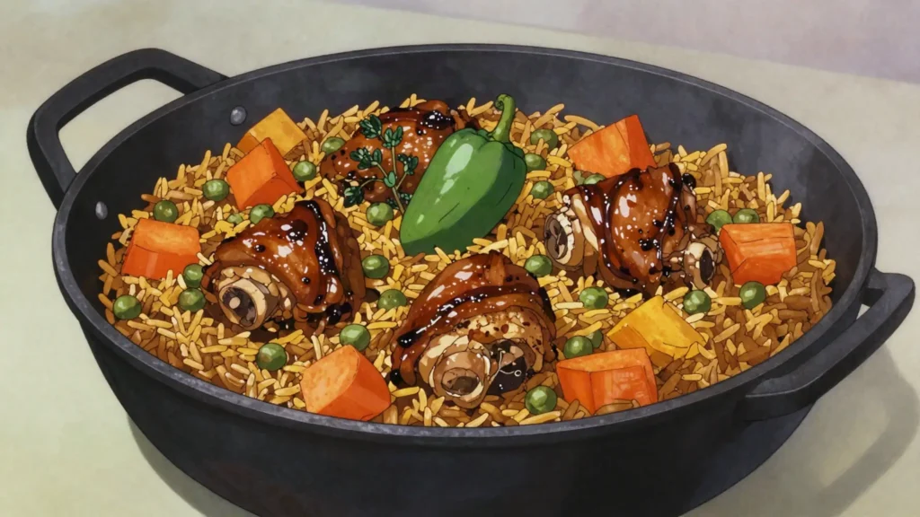 Pelau, one-pot rice with pigeon peas and chicken, Dominica main, anime style