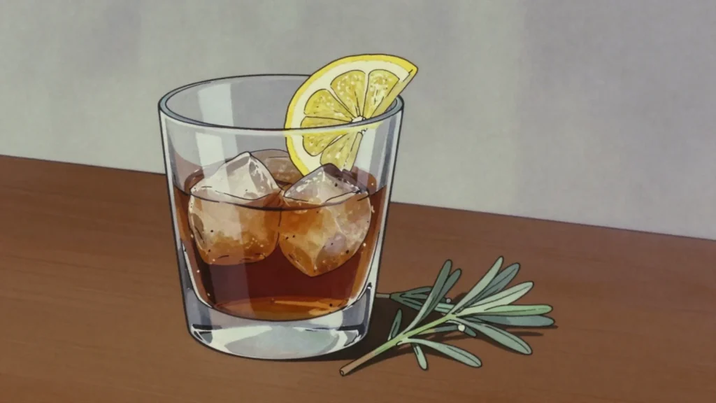 Pelinkovac, bitter wormwood liqueur, dark and medicinal, drunk chilled, Croatia wine & spirit, anime style
