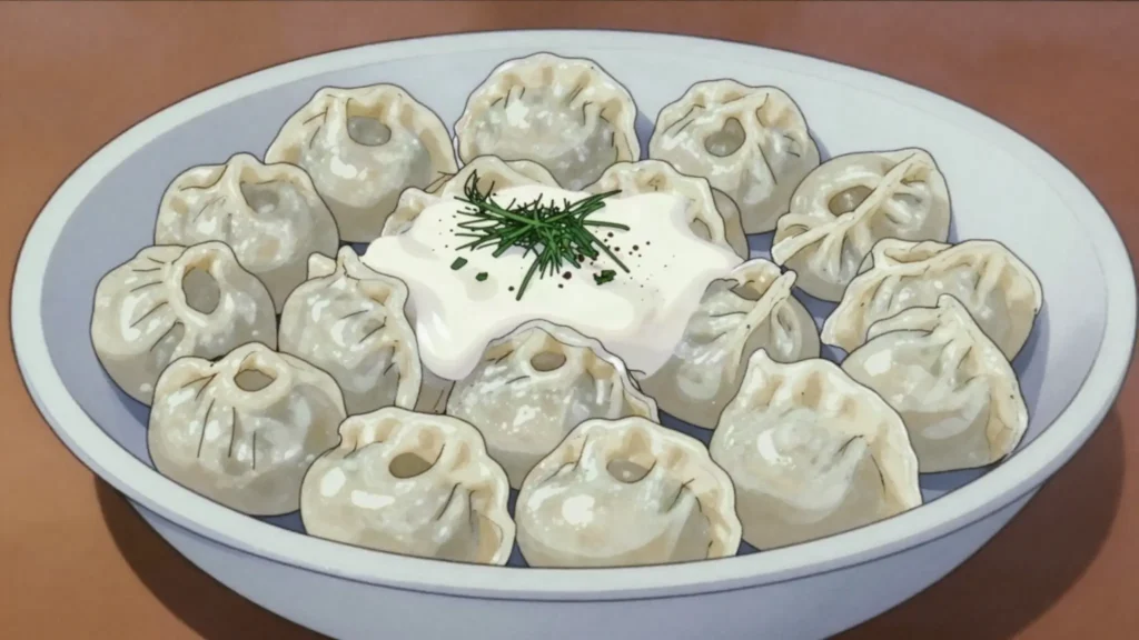 Pelmeenid, small boiled meat dumplings served with sour cream or butter, Estonia main, anime style