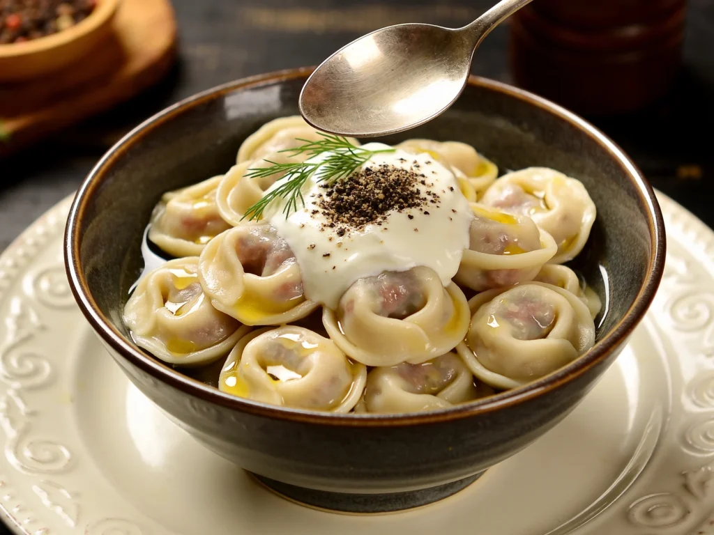 Pelmeni, little meat dumplings with smetana, vinegar or butter, Russia main, anime style