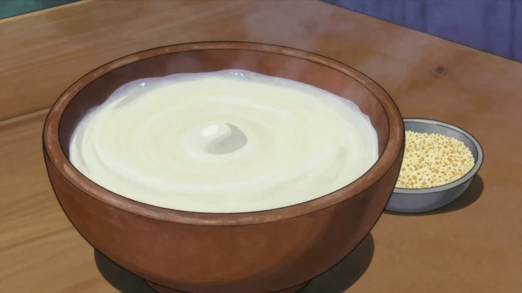 Pendidam, thick soured cow's milk from Fulani herds, drunk sweetened or poured over, Cameroon cheese & dairy, anime style