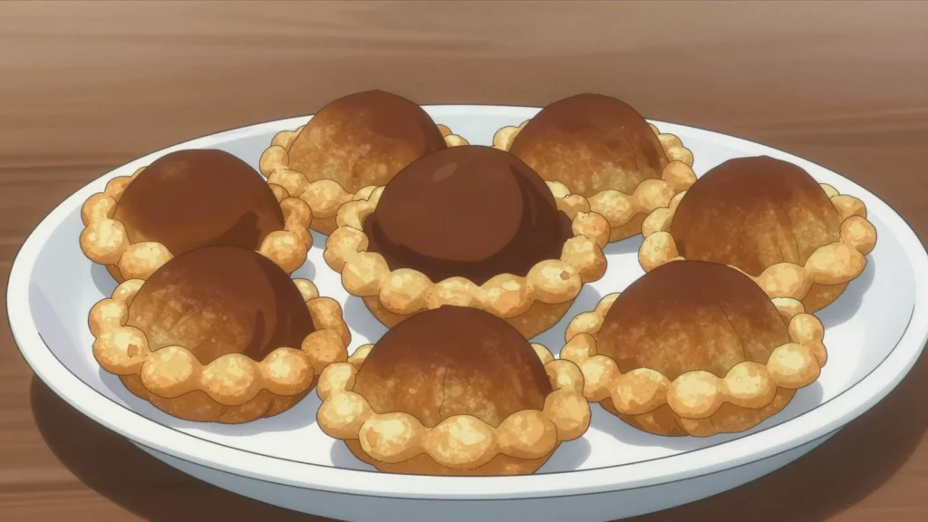 Penyaram, fried rice-flour cake with a thick centre and crisp frilled rim, sweet with palm sugar, Brunei snack, anime style