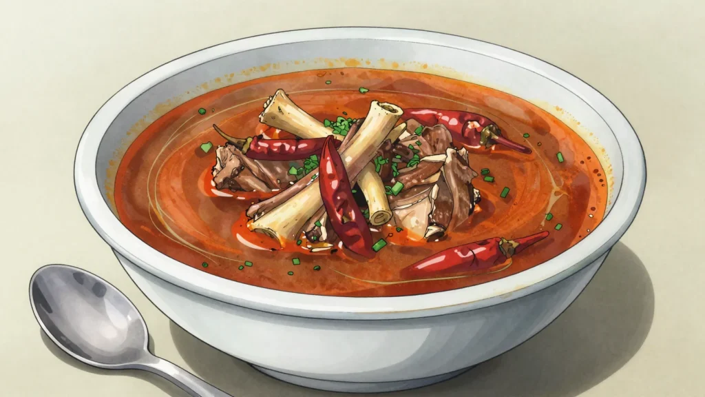 Pepe soup, fiery clear broth of goat, fish or offal spiked with country pepper, Cameroon soup & stew, anime style