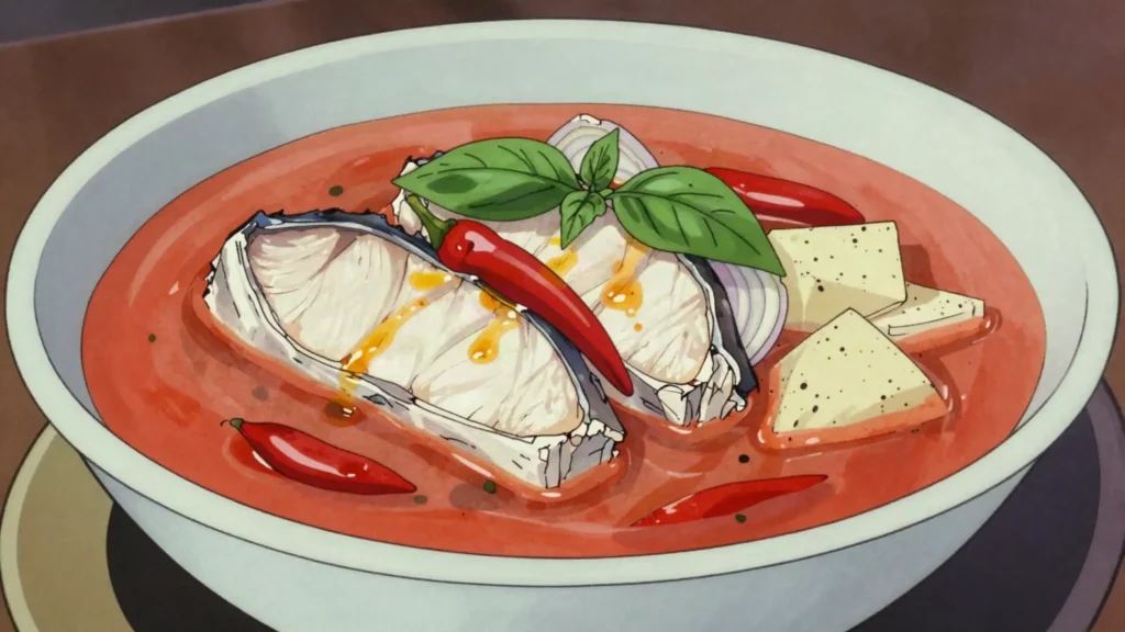 Pepesup, fiery fish pepper soup, weekend and celebration staple, Equatorial Guinea soup & stew, anime style