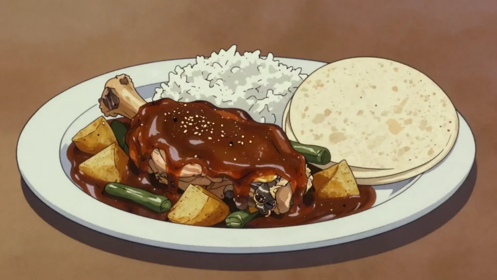 Pepián, chicken in thick roasted seed-and-chile recado; national dish, Guatemala soup & stew, anime style