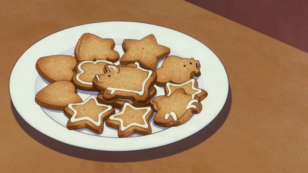 Pepparkakor, thin snapping ginger biscuits cut into hearts, pigs and stars, Sweden snack, anime style