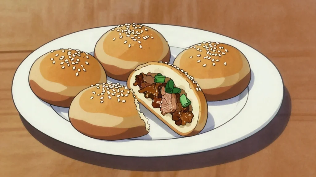 Pepper Bun, peppery pork and scallion bun slapped onto a clay-oven wall and baked crisp, Taiwan street food, anime style