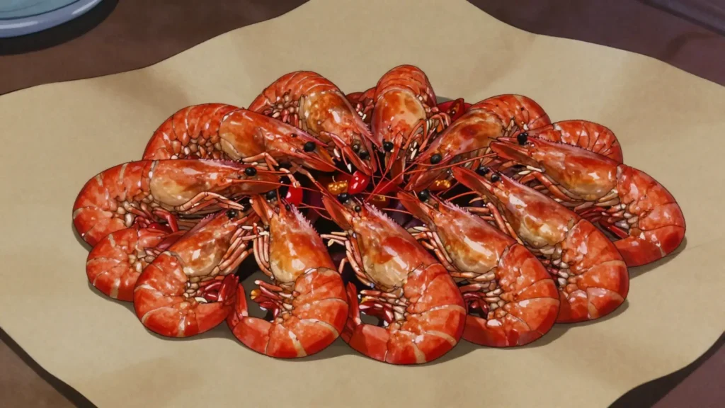 Pepper shrimp, small river shrimp boiled scarlet with scotch bonnet, sold in bags, Jamaica snack, anime style