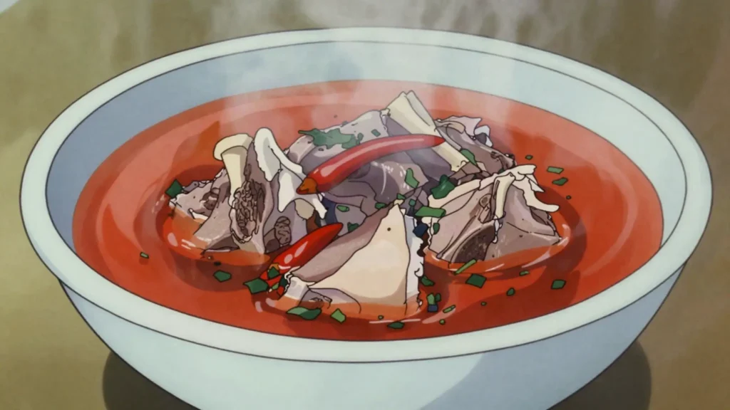 Pepper soup, fiery clear broth of goat or fish with country peppers, Liberia soup & stew, anime style