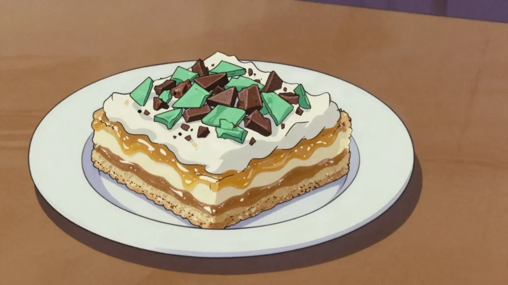 Peppermint Crisp tart, layers of caramel, cream and crushed mint chocolate over coconut, South Africa dessert, anime style