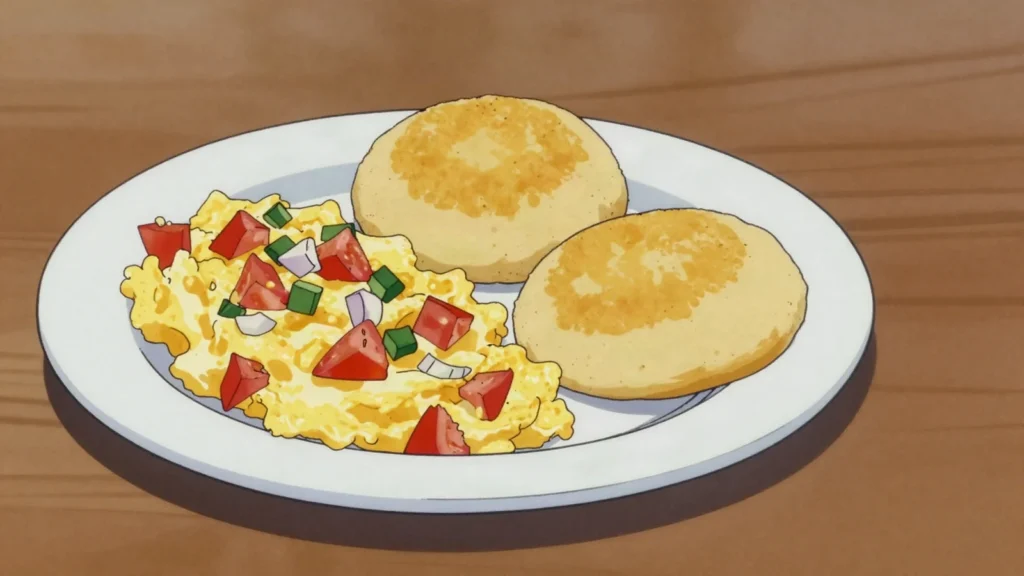 Perico, eggs scrambled with tomato, onion, peppers; classic arepa filling too, Venezuela breakfast, anime style