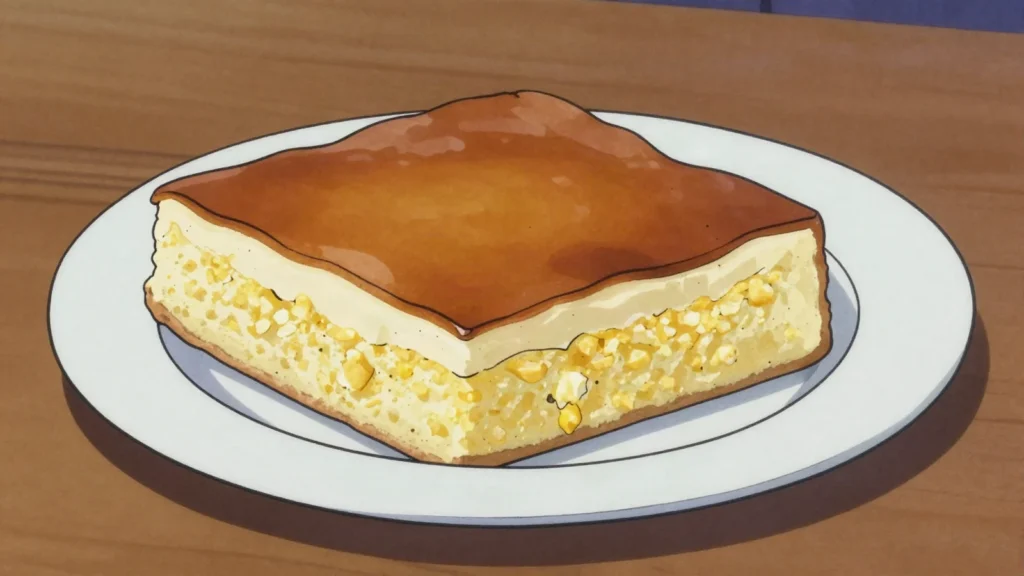 Perrerreque, baked cake of ground fresh corn with cheese and cream, cut in slabs, Nicaragua bread & pastry, anime style
