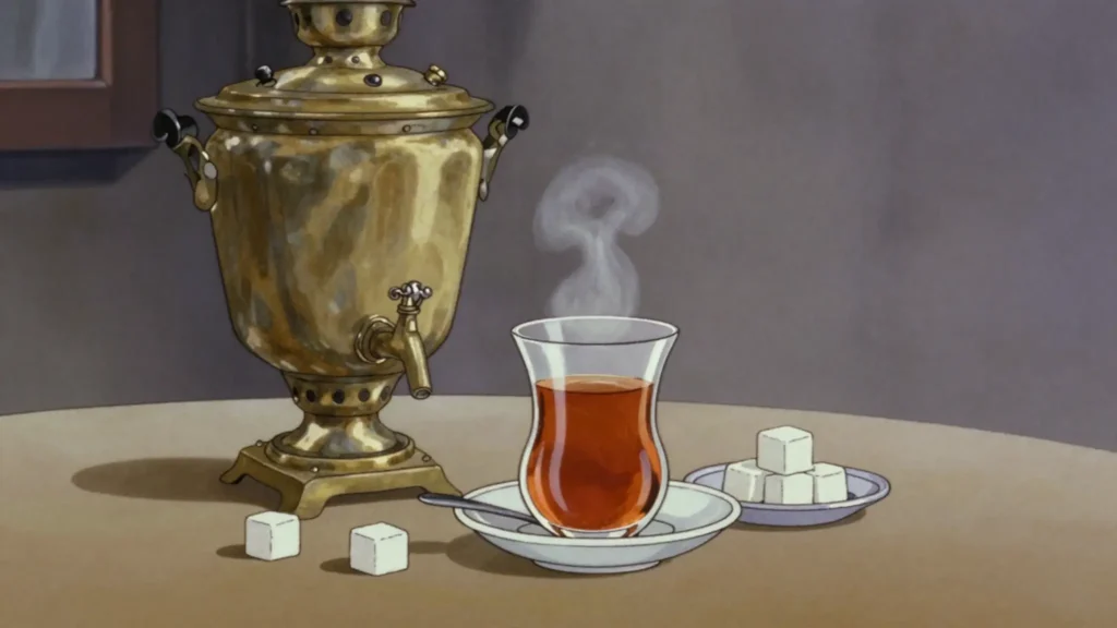 Persian tea, amber tea from the samovar, sipped through sugar cubes, Iran drink, anime style