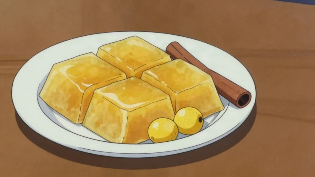 Pesada de nance, nance fruit cooked with sugar and cornstarch into a set golden pudding, Panama dessert, anime style