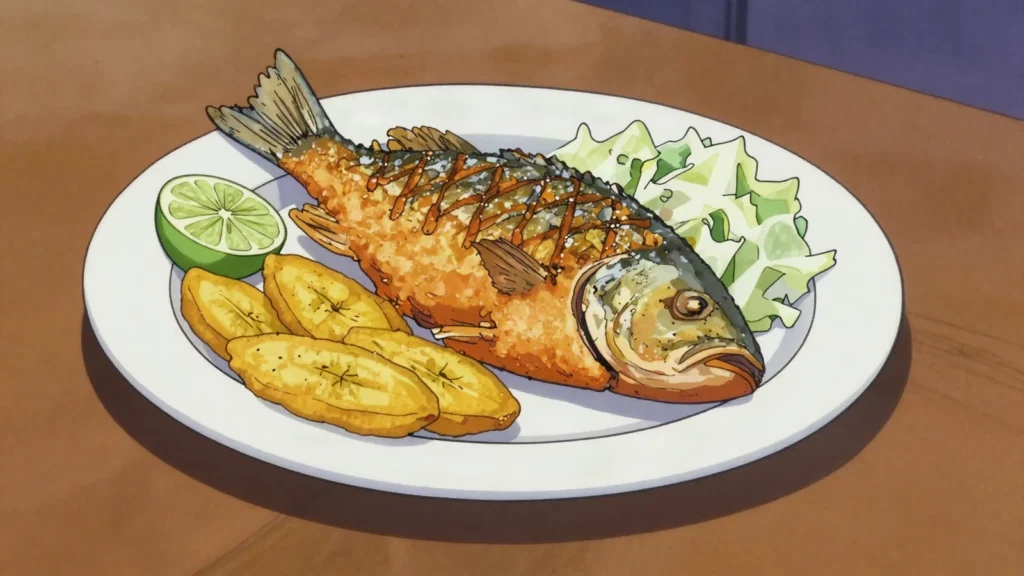 Pescado frito, whole fried fish with patacones at beach fondas, Panama main, anime style