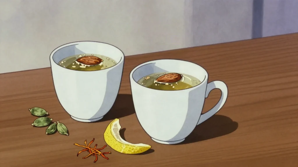 Peshawari Kahwa, pale green tea steeped with cardamom and topped with crushed almonds, Pakistan drink, anime style
