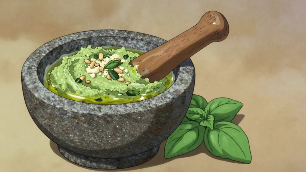 Pesto alla genovese, basil, pine nuts, garlic, Parmigiano pounded with olive oil, Italy sauce & condiment, anime style
