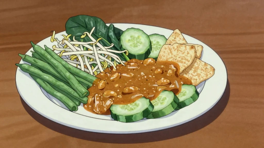 Petjil, blanched vegetables dressed in thick peanut sauce, Javanese style, Suriname salad & side, anime style
