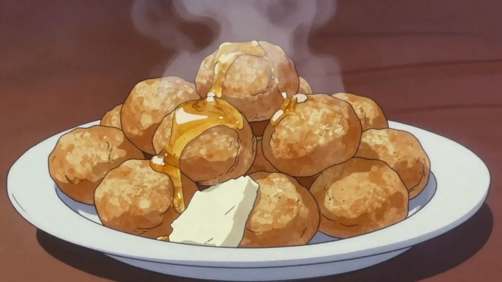 Petulla me mjalte, fried dough puffs served hot with honey and fresh cheese, Kosovo dessert, anime style
