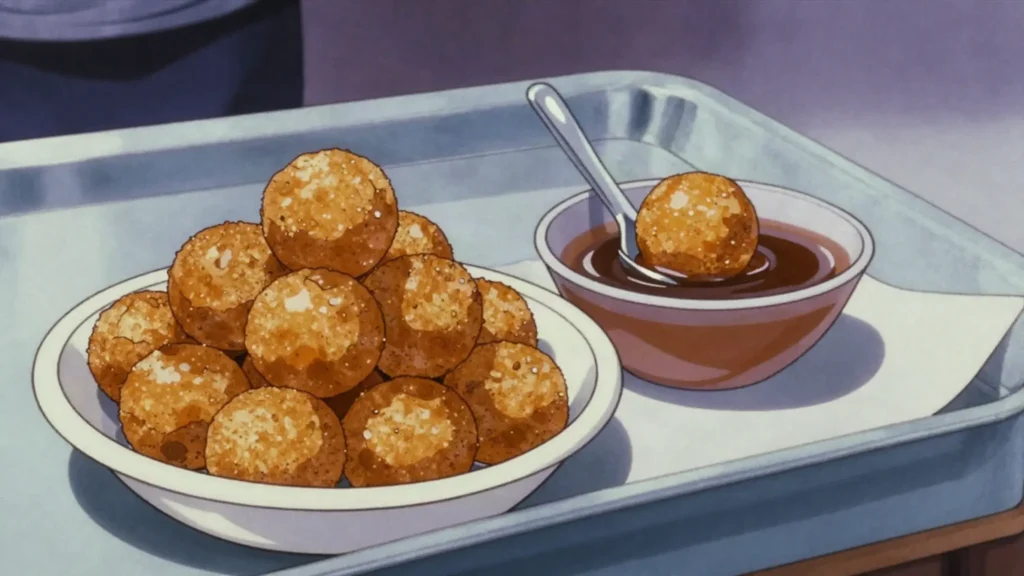 Pholourie, fried split-pea dough balls dipped in mango sour, Guyana street food, anime style