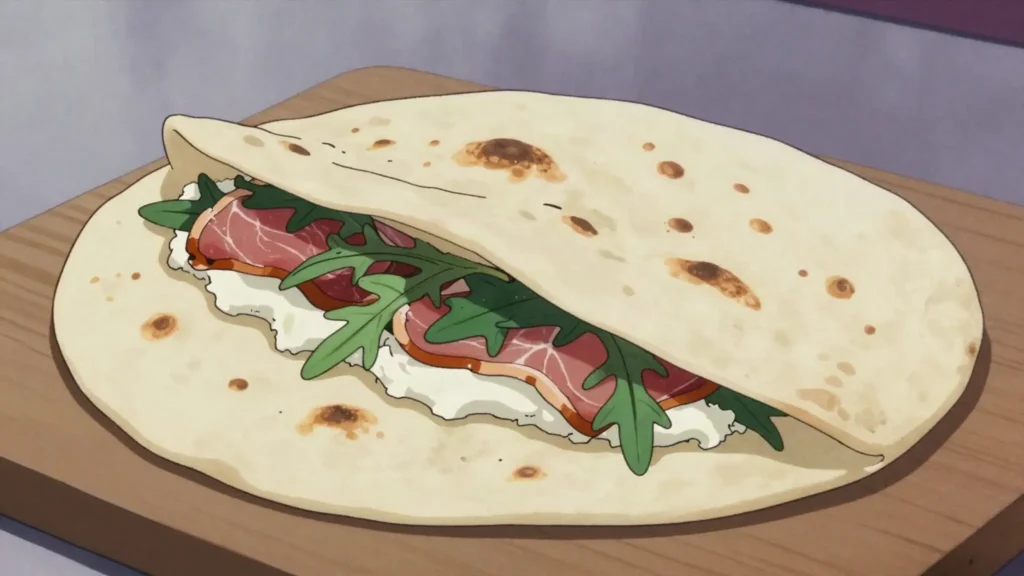 Piadina, romagna flatbread folded with squacquerone, prosciutto, arugula, Italy street food, anime style