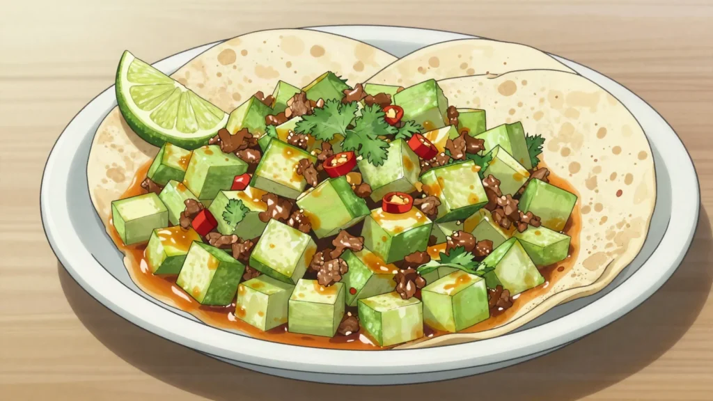 Picadillo, ground beef with olives, raisins, tomato; served over rice, Cuba main, anime style