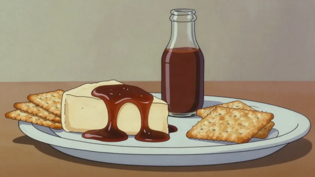Pickapeppa sauce, sweet-spicy mango and tamarind sauce poured over cheese and meat, Jamaica sauce & condiment, anime style