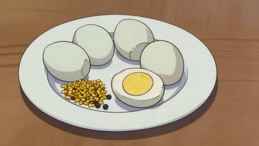 Pickled eggs, hard-boiled eggs kept in spiced vinegar in a jar on the bar, United Kingdom fermented & pickled, anime style