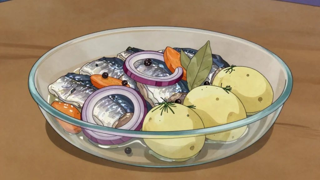 Pickled herring, herring in sweet vinegar with onion; midsummer and Christmas tables, Sweden fermented & pickled, anime style